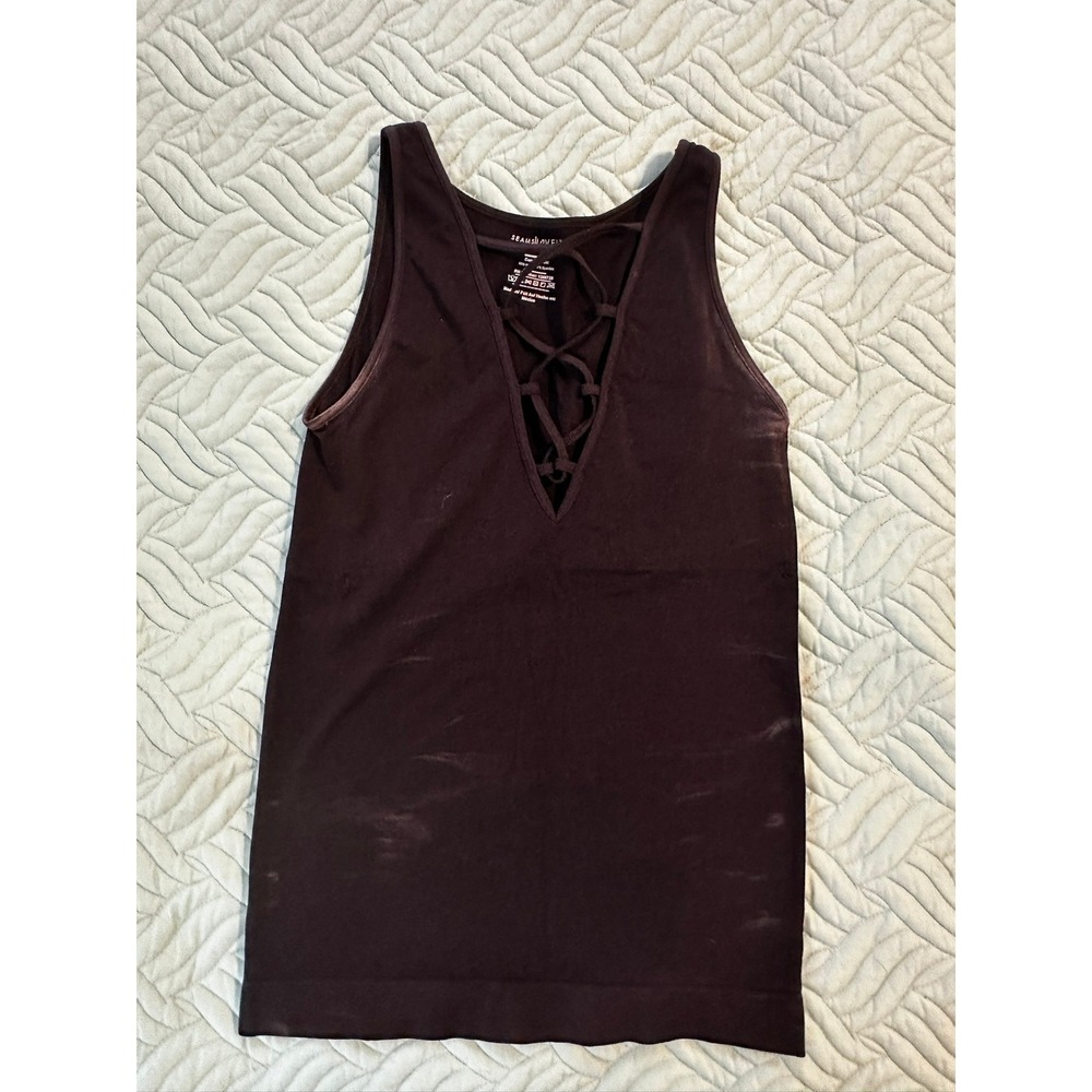 Seams Lovely Womens Lace Up V-Neck Seamless Tank Top One Size Black